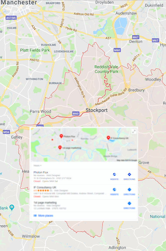 SERP listing and Local Results in Stockport.